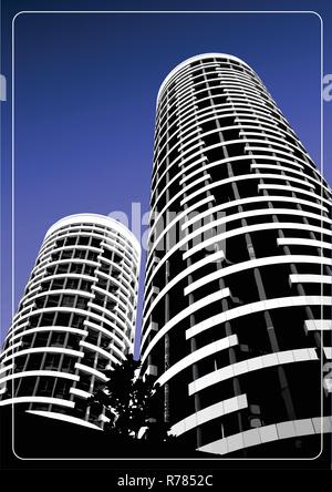 Black and white building silhouette on sky background. Vector illustration Stock Vector