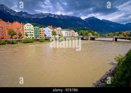 City of Innsbruck colorful Inn river waterfront panorama Stock Photo