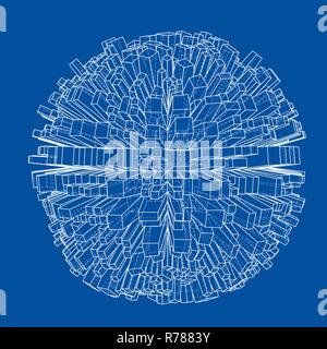 Abstract 3d Sphere with City, Blueprint Style Stock Vector
