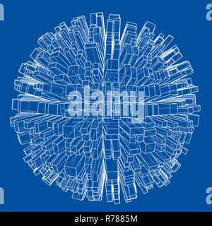 Abstract 3d Sphere with City, Blueprint Style Stock Vector