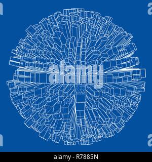 Abstract 3d Sphere with City, Blueprint Style Stock Vector