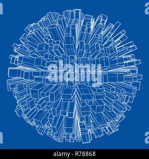 Abstract 3d Sphere with City, Blueprint Style Stock Vector