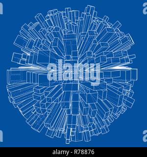 Abstract 3d Sphere with City, Blueprint Style Stock Vector
