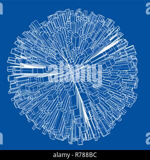 Abstract 3d Sphere with City, Blueprint Style Stock Vector