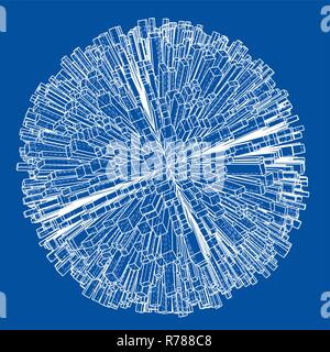 Abstract 3d Sphere with City, Blueprint Style Stock Vector