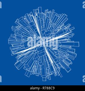 Abstract 3d Sphere with City, Blueprint Style Stock Vector