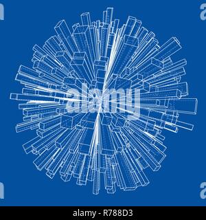 Abstract 3d Sphere with City, Blueprint Style Stock Vector