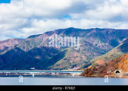 Autumn Fuji Kawaguchiko scenic view of lake, mountain and surroundings Stock Photo