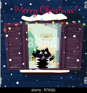 Merry christmas greeting card of cute funny cartoon cat character catching snow flakes with tongue on decorated window with garland, fir tree in room. Stock Vector