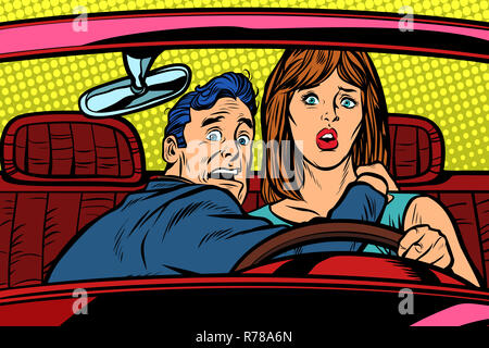 Accident car road. Funny man and woman driver Stock Photo