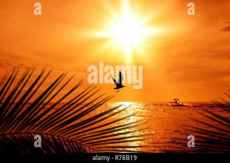 A Bird Is Flying Over The Ocean With A Sailboat In The Background. The 