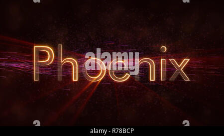 Phoenix - United States city name text animation - Shiny rays looping on edge of text over a background with swirling and flowing stars Stock Photo