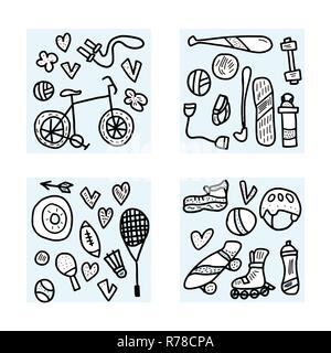 Sport activities. Healthy lifestyle tools,  Square compositions with sketch symbols in doodle style. Fitness vector concept. Stock Vector