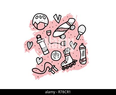 Sport activities. Healthy lifestyle tools,  symbols in doodle style. Fitness vector concept. Stock Vector