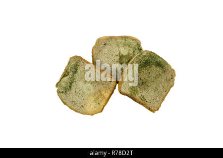 Composition of three slices of white bread with mold isolated on white background Stock Photo
