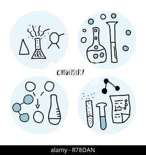 Round set of cemistry objects in doodle style. Science research symbols isolated on white background. Vector illustration. Stock Vector