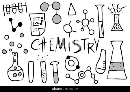 Chemistry lettering with objects in doodle style. Science research ...