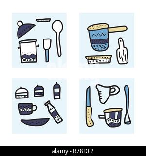 Set of vector kitchen equipments in doodle style. Collection of kitchen dishes and tools objects isolated on white background. Stock Vector