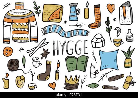 Hygge collection. Danish living concept. Vector isolated symbols of comfort. Set of warm clothes and cozy home things. Stock Vector