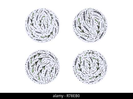set of round badges of lavender  in doodle style. Flowers elements isolated on white background. Vector illustration. Stock Vector