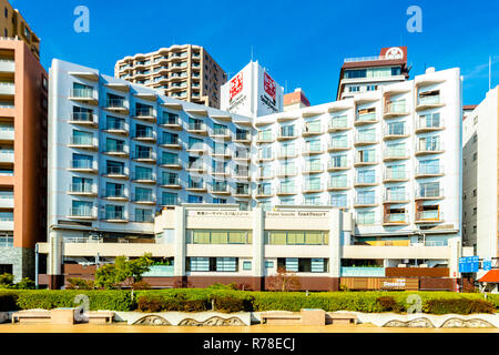 Atami, Shizuoka / Japan - December 1 2018: Atami city centre seaside spa resort hotel architecture Stock Photo