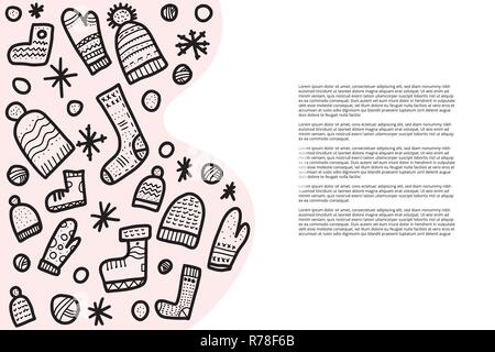 Vector template for banner with knitted winter clothes. Warm socks, beanies, gloves set. Stock Vector