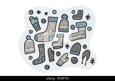 Warm socks, beanies set. Vector composition with warm knitted clothes. Stock Vector