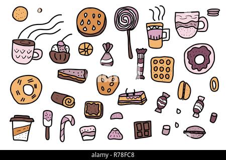 Vector set of desserts. Sweets cakes, donuts, candy and others snacks in doodle style isolated on white background. Stock Vector