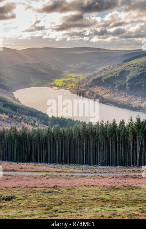 Scenic view over the Talybont Reservoir from Tor-y-foel in the Brecon Beacons National Park during autumn, Powys, Wales. UK
