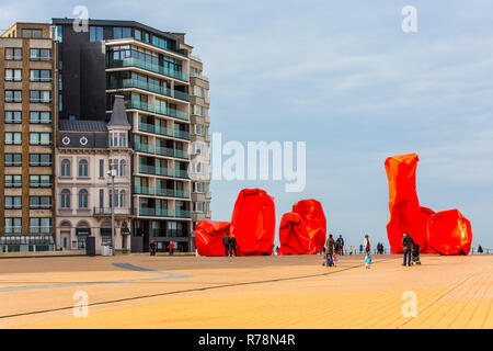 'Rock Strangers', artwork, metal installation by the Flemish artist Arne Quinze, beach promenade, Oostende, Flanders, Belgium Stock Photo