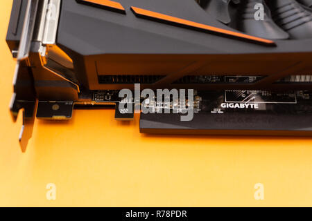 Russia Berezniki may 11, 2018: close-up of Gigabyte GeForce Gaming OC, Nvidia's new graphics card series, use for PC computer Stock Photo