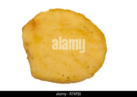 Single potato chip on white background close-up Stock Photo