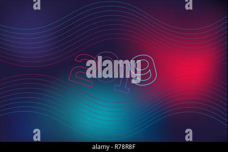 Horizontal banner, website cover, page. Text 2019 on wavy, geometric background, modern gradient, curved shape, in blue and red neon hues Stock Vector