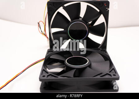 Computer with water cooling system.Inside of air cooled high performance modern.fan and ram memory rgb led light Stock Photo