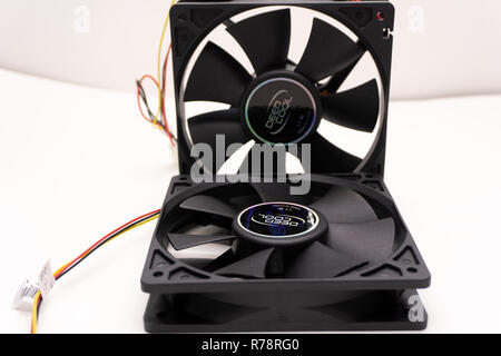Computer case cooling fan isolated on white background - Russia Berezniki 24 may 2018 . Stock Photo