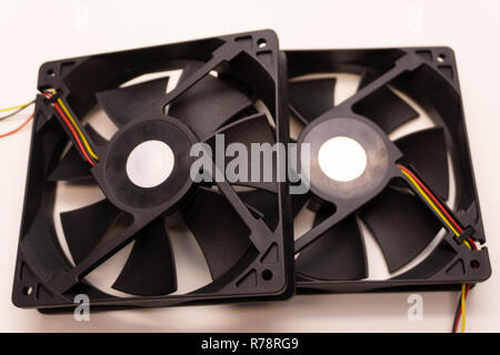 two CPU fan with aluminum radiator on a white background, front and back Stock Photo