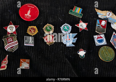 Russia Berezniki December 17, 2017: Museum of culture and interior of the Soviet Union, pennant with a collection of icons, macram and a piece of carp Stock Photo