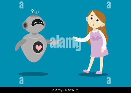 Robot and human girl cute illustration on blue background Stock Vector