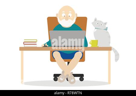 grandpa is working on a computer sitting at a desk with a cat on a white background Stock Vector