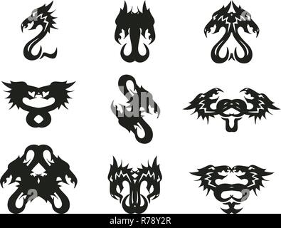 Aggressive tribal peaked dragon symbols. Dragon in the form of figure two, the double symbols and silhouettes formed from him Stock Vector