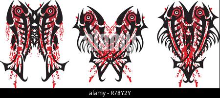 Three awful splattered bloody symbols. Bloody scary fishes in the form of butterflies for your design. Black and red on white Stock Vector
