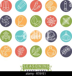 Collection of round colored spices, herbs, condiments and seasoning vector icons Stock Vector