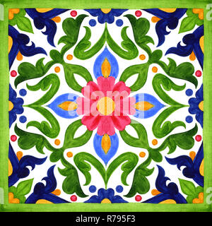 Portuguese azulejo tiles. Watercolor seamless patterns, prints