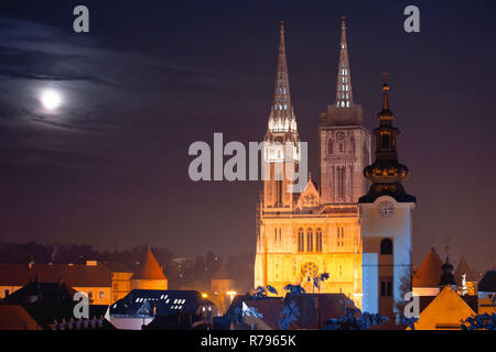 Zagreb cathedral and cityscape evening view, capital of Croatia Stock Photo