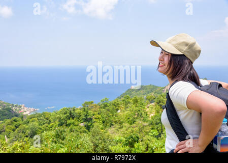 Women tourist on viewpoint at Koh Tao Stock Photo