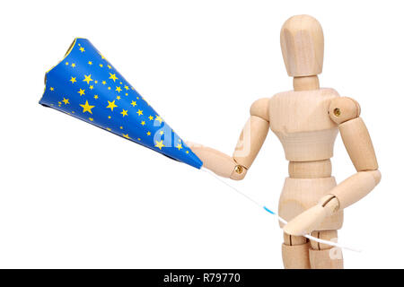 Wooden dummy pulling cracker on New Year's Day, isolated on white background Stock Photo