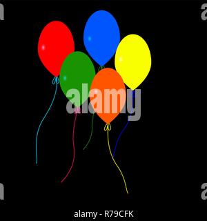 Five colorful balloons isolated by black background. Stock Vector