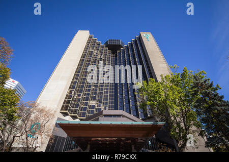 MONTREAL, CANADA - NOVEMBER 5, 2018: Evo Montreal logo in front of their main residence in Montreal, Quebec. Evo Montreal is a brand of student housin Stock Photo