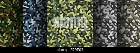 Camouflage seamless vector pattern background. Set of 5 pack Camouflage seamless patterns. Abstract modern military textile print background. Vector i Stock Vector