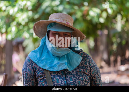 Don Daeng, Laos - April 27, 2018: Senior woman posing in a remote rural area of Laos Stock Photo